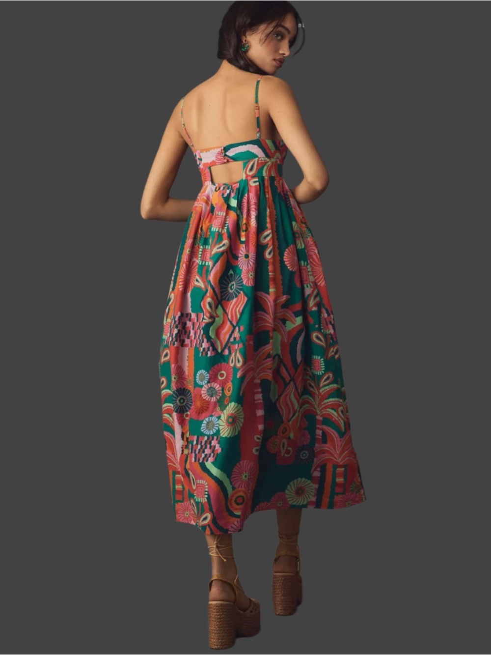 NWT Farm Rio Floral Appliqué Tropical Open Back Pleated Palm Midi Dress Size XS - Picture 3 of 10